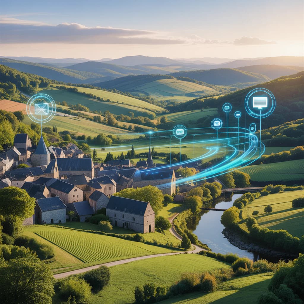 Bureau moderne avec vue sur un village de Corrèze, écrans affichant des maquettes web