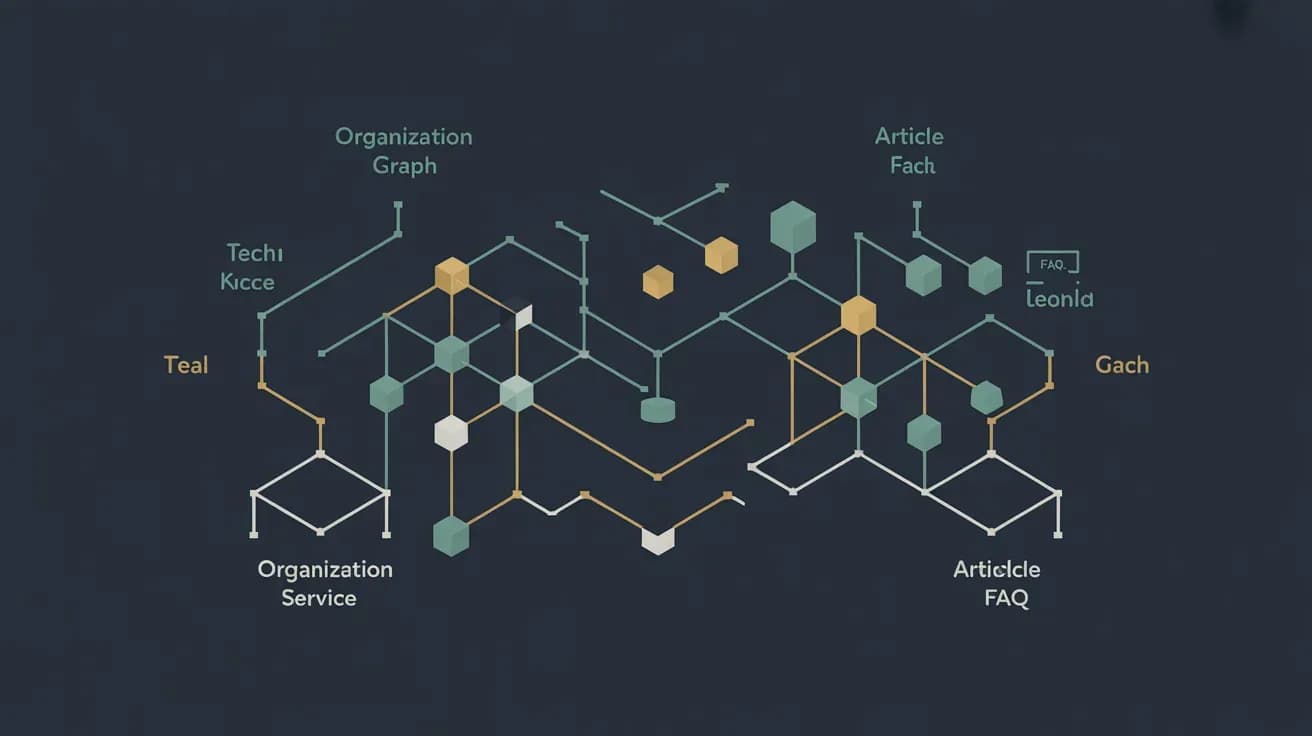 Schéma de structure JSON-LD avec graphes d'organisation, articles et FAQ interconnectés