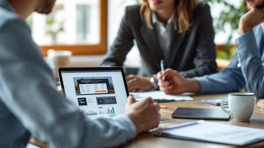 Équipe professionnelle discutant coûts et tarifs site web sur laptop en réunion