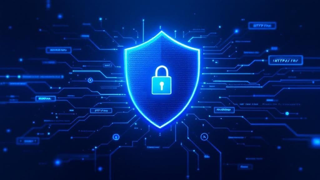 Bouclier de sécurité numérique bleu avec cadenas illustrant les en-têtes HTTP sécurisés