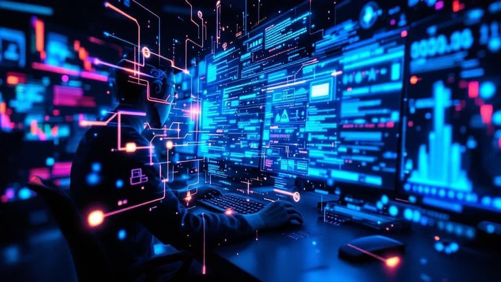 Développeur web travaillant sur interface numérique futuriste avec code et données en 3D