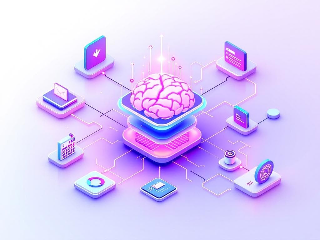 Intelligence artificielle et connexions numériques avec cerveau rose au centre entouré d'icônes technologiques