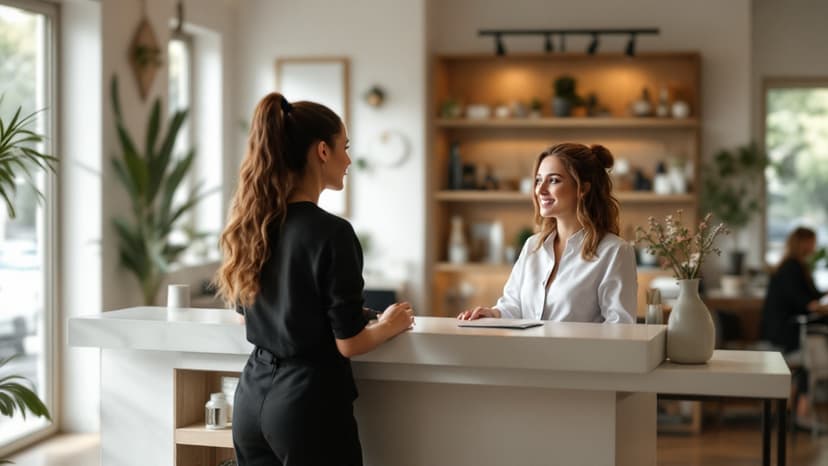 Salon de coiffure moderne avec une cliente accueillie après une réservation en ligne