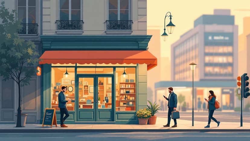 Site commerce de proximite : boutique independante d'un centre-ville face a une enseigne