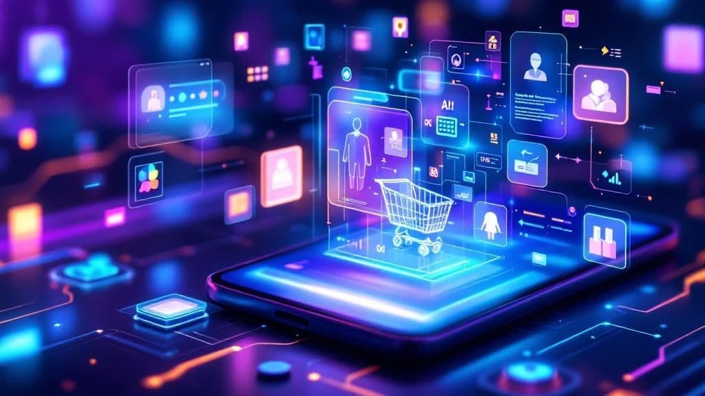 Tendances e-commerce 2026 pour les PME — interface shopping futuriste avec IA